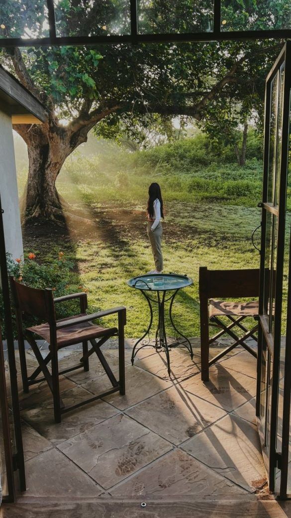 chica de lado hacia la izquierda mirando arbol con la luz que cae de la mañana