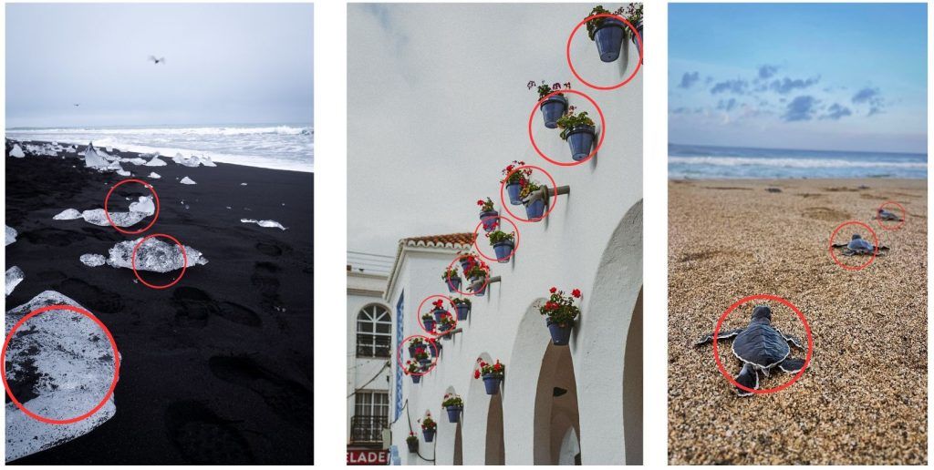 tres fotografias dando ejemplo a las repeticiones de la composición fotográfica