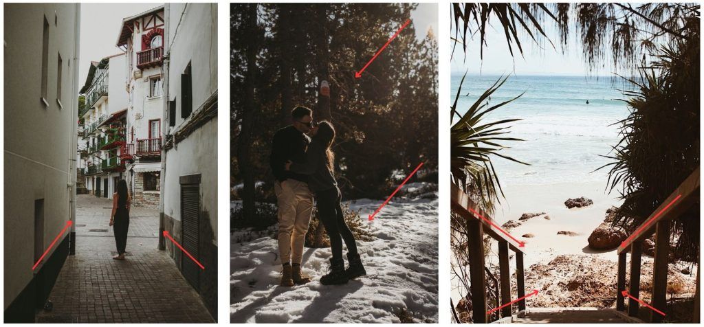 tres fotografías que indican ejemplos de como son las líneas de composición