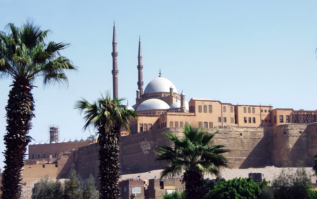 mezquita vista desde lejos con palmeras