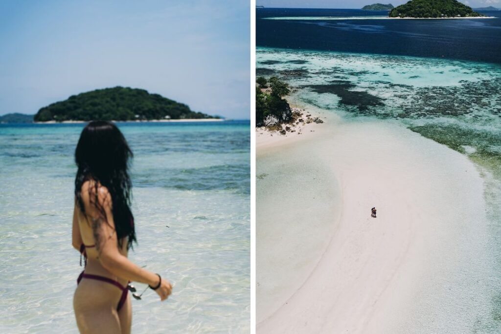 imagen izquierda chica en bañador de espaldas y imagen derecha vista aerea de lengua de arena blanca con una pareja en medio