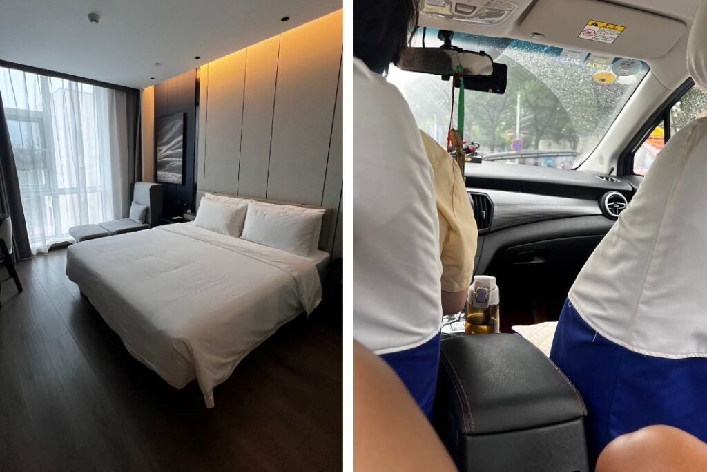 imagen de una cámara de matrimonio en un hotel y imagen de un taxi vistas desde la parte de atrás