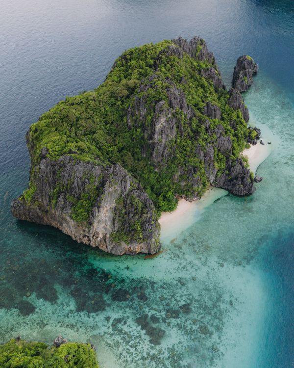 vista aérea de isla con playa de arena blanco con piedras negra y vegetación