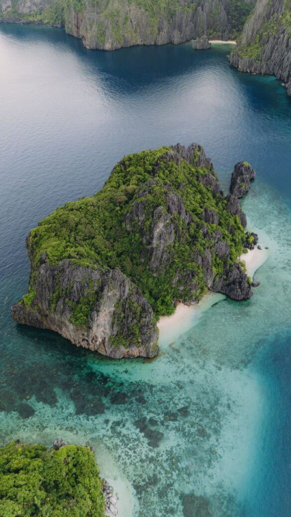 vista aérea de isla con playa de arena blanco con piedras negra y vegetación