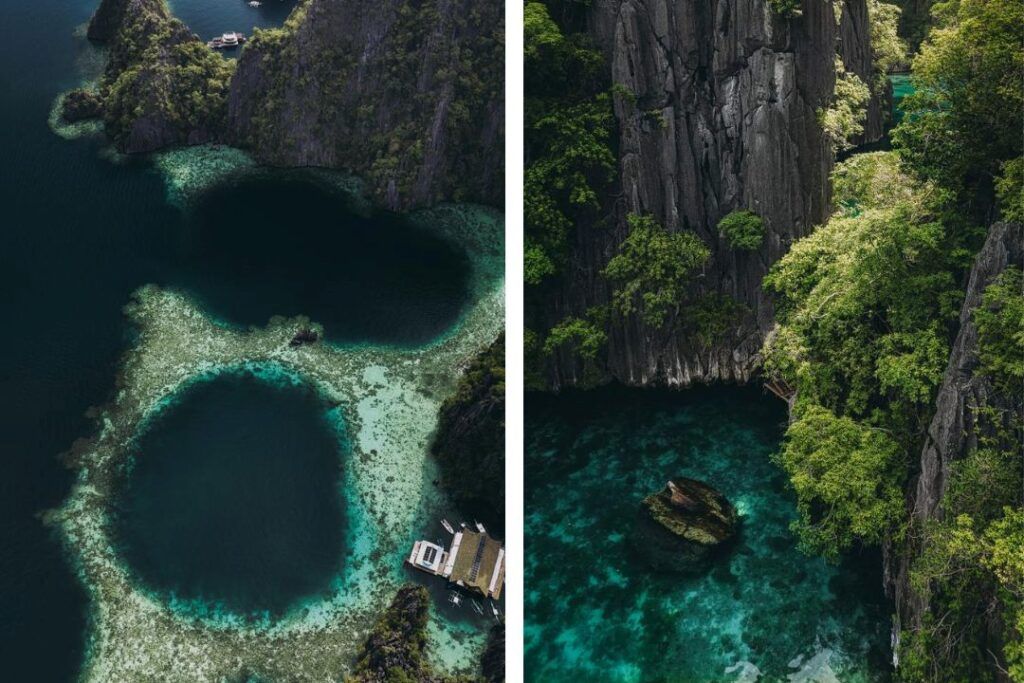 dos imagenes de lagos vistas aereas y vegetacion en piedra negra